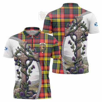 Dewar Tartan Zipper Polo Shirt with Family Crest and St. Andrew's Cross Accented by Thistle Vines Unisex - Tartan Vibes Clothing