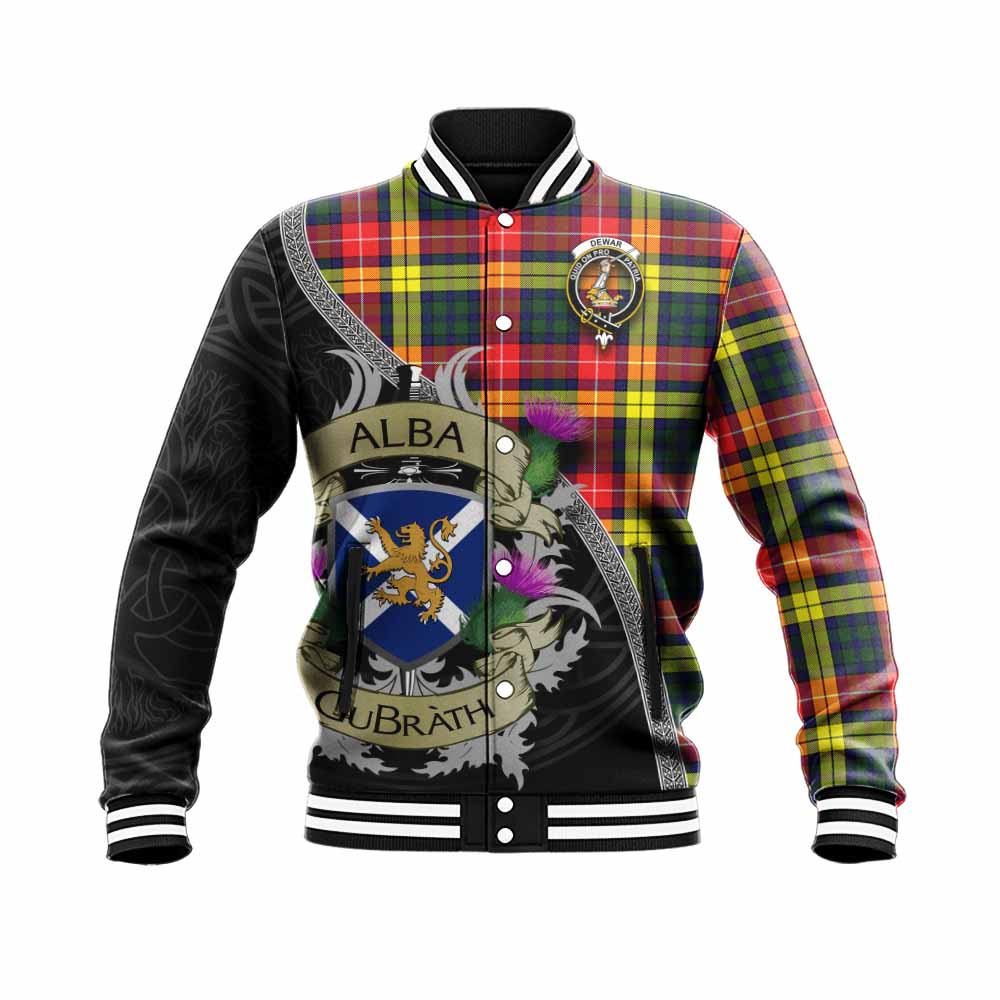 Dewar Tartan Family Crest Baseball Jacket Lion Rampant Royal Thistle Shield Celtic Inspired Unisex - Tartan Vibes Clothing