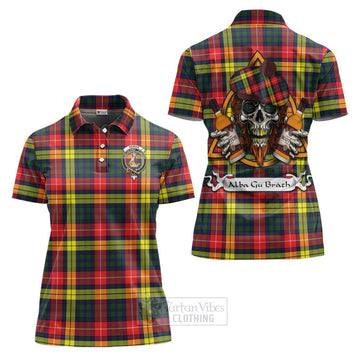 Dewar Tartan Women's Polo Shirt with Family Crest and Bearded Skull Holding Bottles of Whiskey Women - Tartan Vibes Clothing