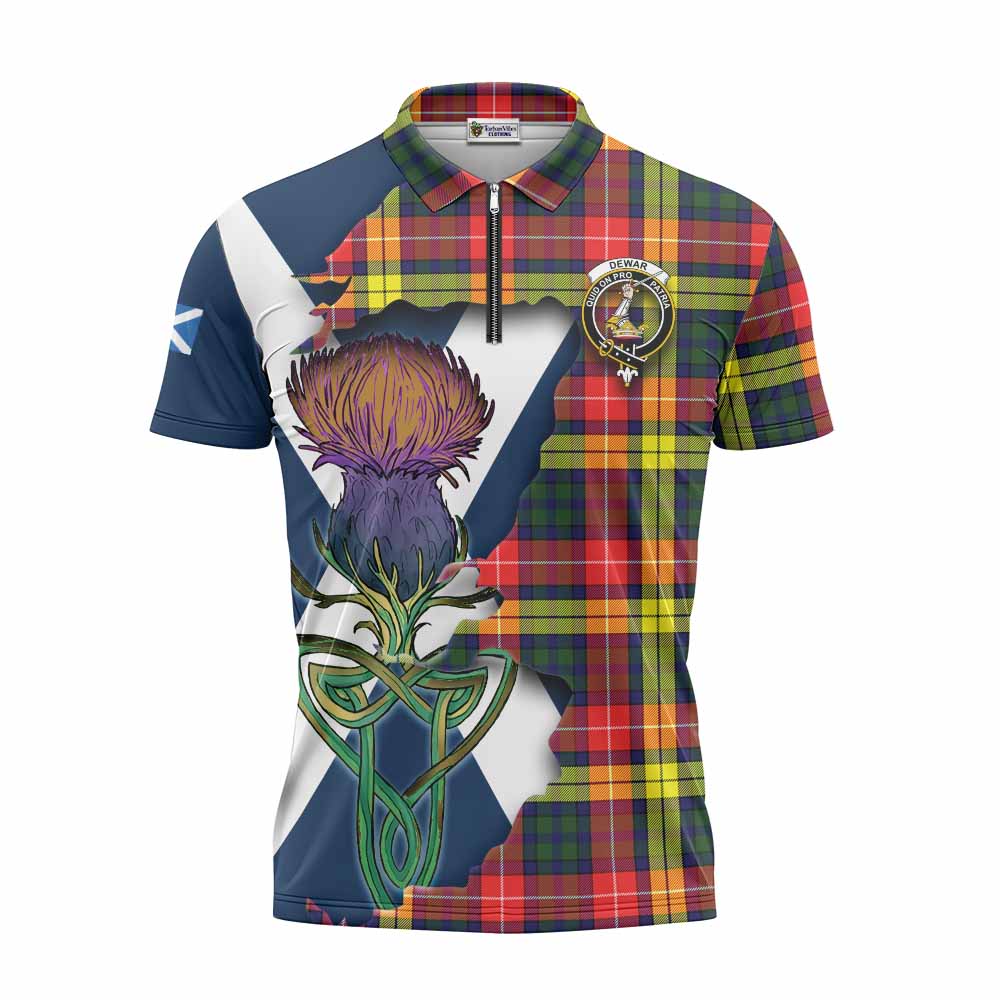 Dewar Tartan Family Crest Zipper Polo Shirt Scottish Thistle Celtic Inspired Unisex - Tartan Vibes Clothing