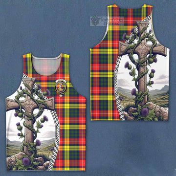 Dewar Tartan Men's Tank Top with Family Crest and St. Andrew's Cross Accented by Thistle Vines Men - Tartan Vibes Clothing