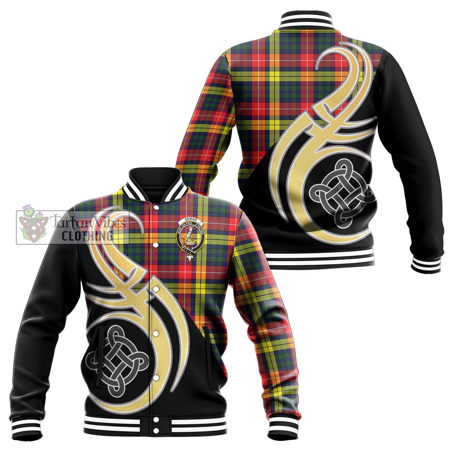 Dewar Tartan Baseball Jacket with Family Crest and Celtic Symbol Style Unisex - Tartan Vibes Clothing