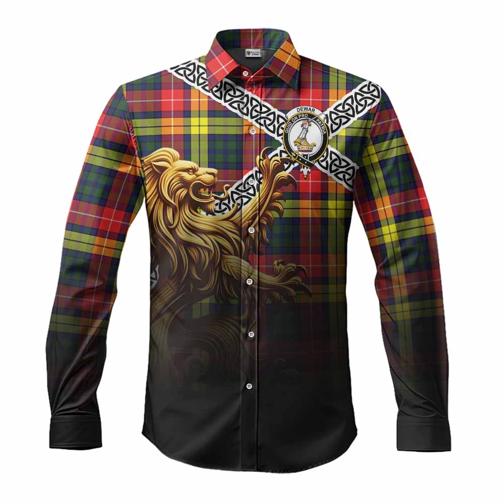 Dewar Crest Tartan Long Sleeve Button Shirt with Golden Lion Emblem Celtic Style Men's Shirt S - Tartan Vibes Clothing
