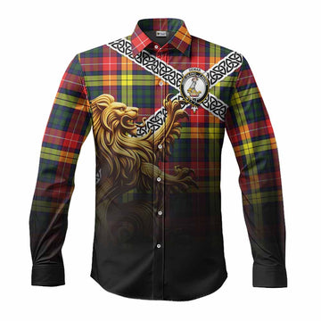 Dewar Crest Tartan Long Sleeve Button Shirt with Golden Lion Emblem Celtic Style Men's Shirt S - Tartan Vibes Clothing