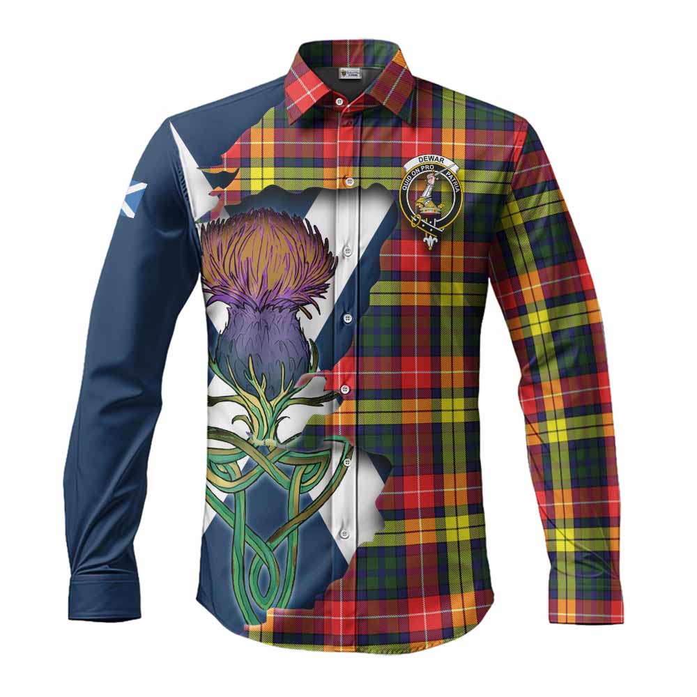 Tartan Vibes Clothing Dewar Tartan Family Crest Long Sleeve Button Shirt Scottish Thistle Celtic Inspired