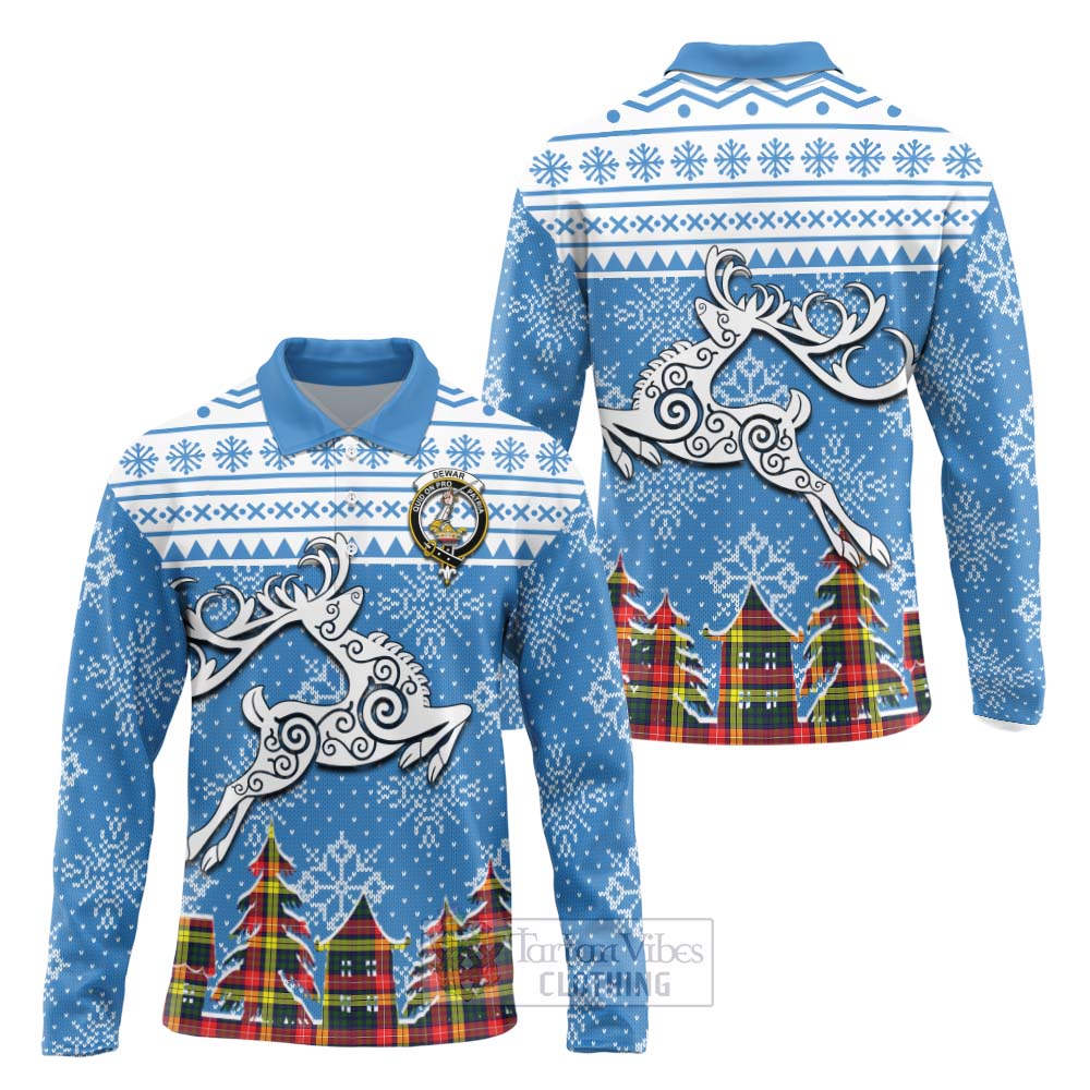Dewar Clan Christmas Long Sleeve Polo Shirt Celtic Reindeer Style Unisex - Tartan Vibes Clothing