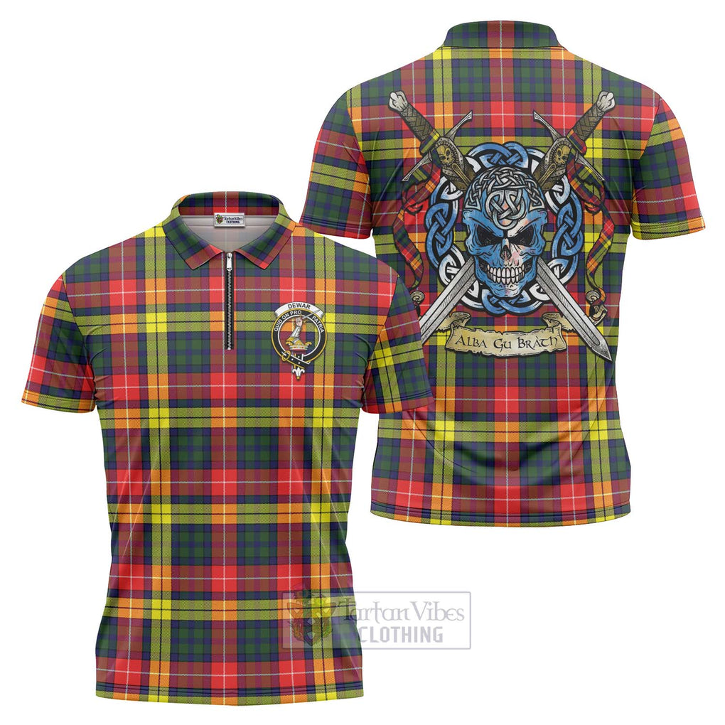 Dewar Tartan Zipper Polo Shirt with Family Crest Celtic Skull Style Unisex - Tartan Vibes Clothing