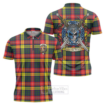 Dewar Tartan Zipper Polo Shirt with Family Crest Celtic Skull Style Unisex - Tartan Vibes Clothing