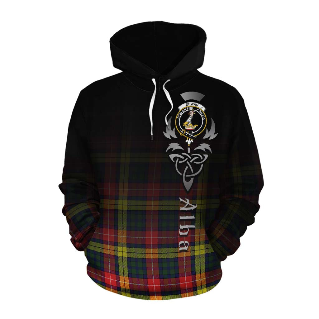 Tartan Vibes Clothing Dewar Tartan Cotton Hoodie Featuring Alba Gu Brath Family Crest Celtic Inspired