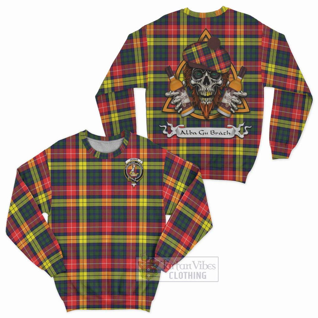 Dewar Tartan Sweatshirt with Family Crest and Bearded Skull Holding Bottles of Whiskey Unisex - Tartan Vibes Clothing