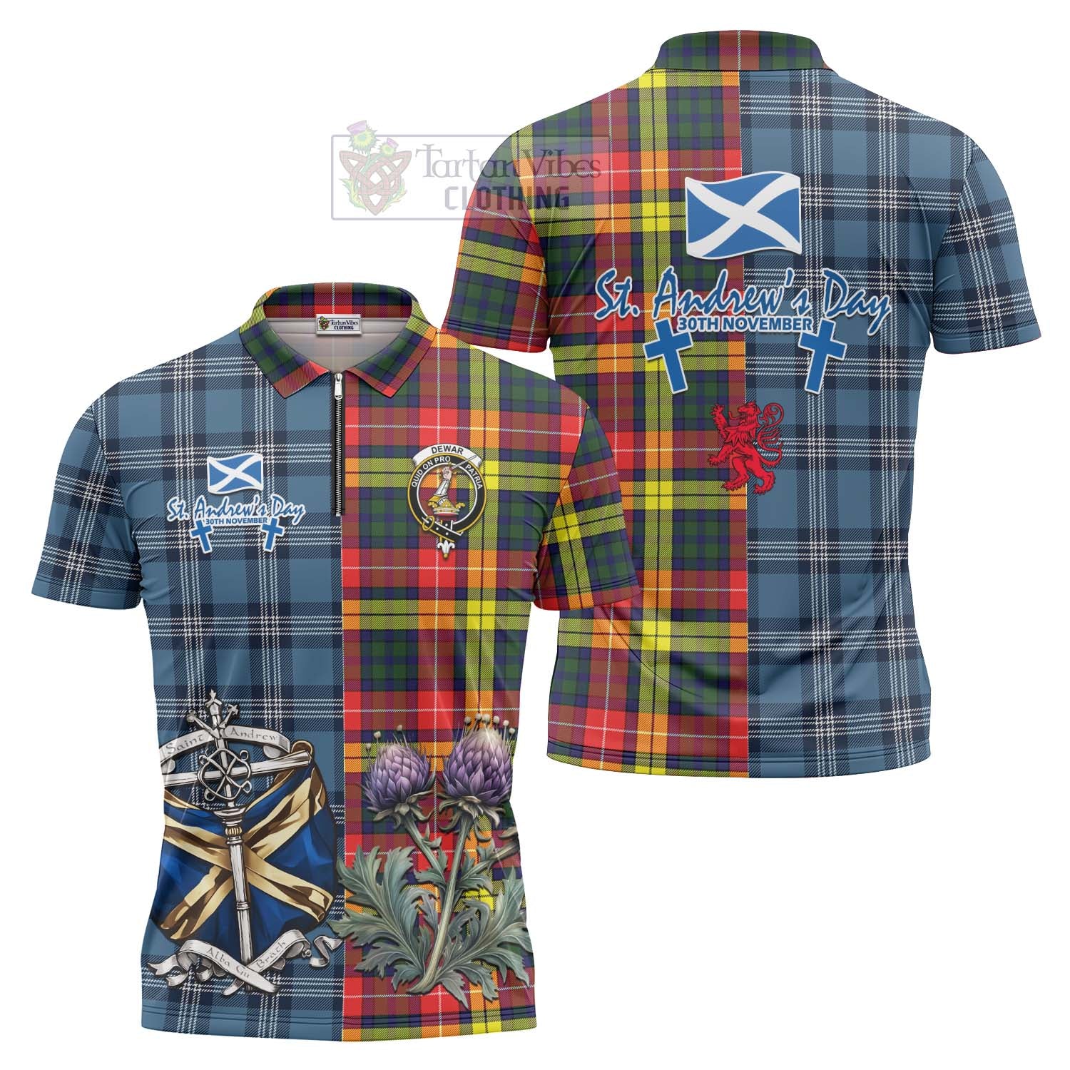 Dewar Tartan Zipper Polo Shirt Happy St. Andrew's Day Half Tartan Style Unisex - Tartan Vibes Clothing