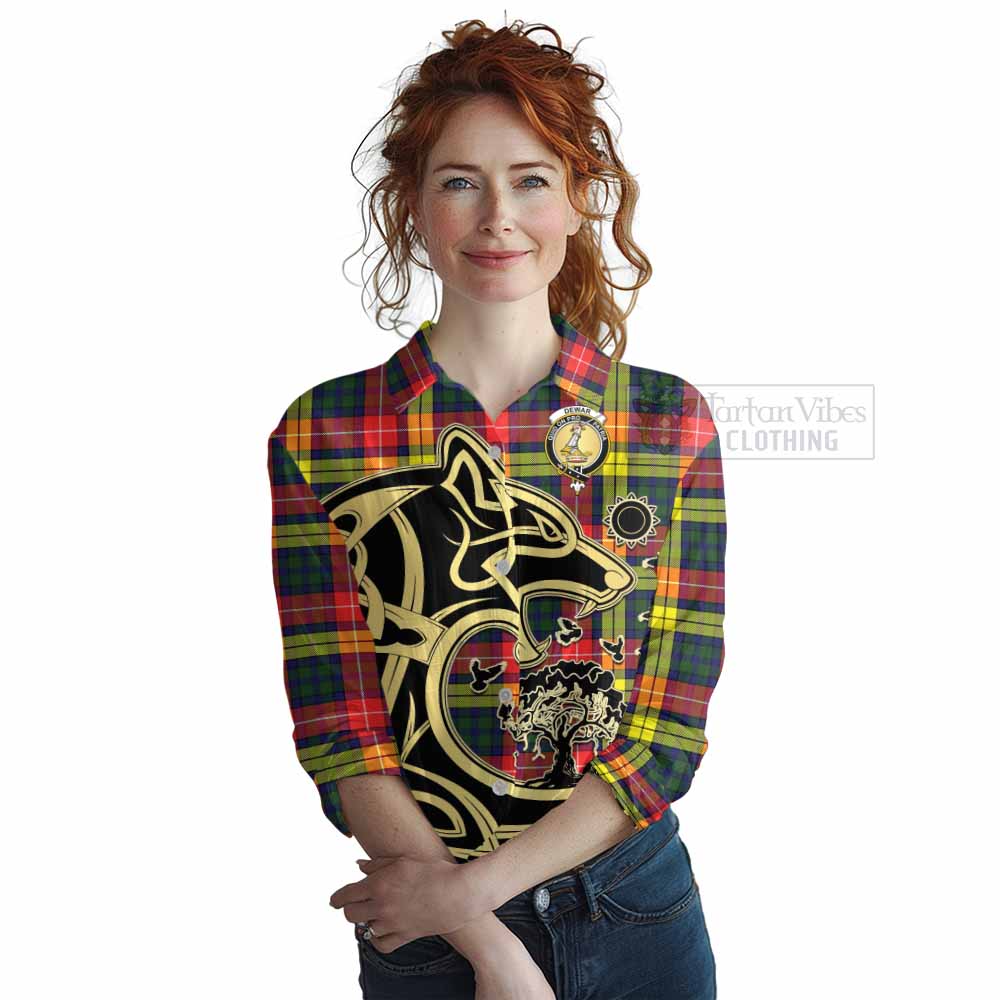 Dewar Tartan Women's Casual Shirt with Family Crest Celtic Wolf Style Female - Tartan Vibes Clothing