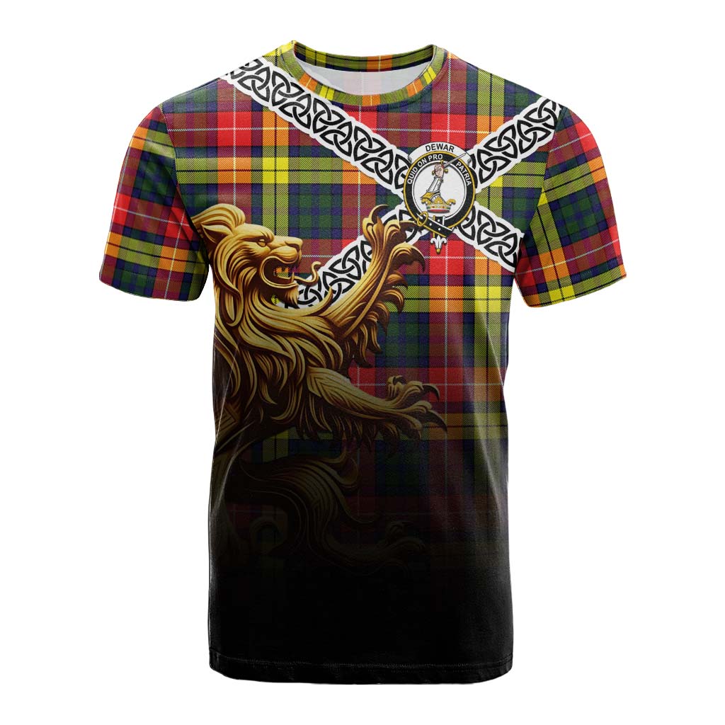 Tartan Vibes Clothing Dewar Crest Tartan Cotton T-shirt with Golden Lion Emblem Celtic Style