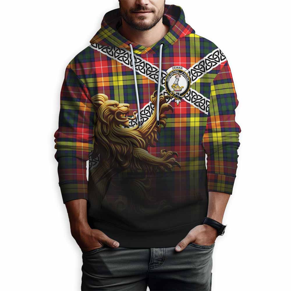 Dewar Crest Tartan Hoodie with Golden Lion Emblem Celtic Style Pullover Hoodie - Tartan Vibes Clothing