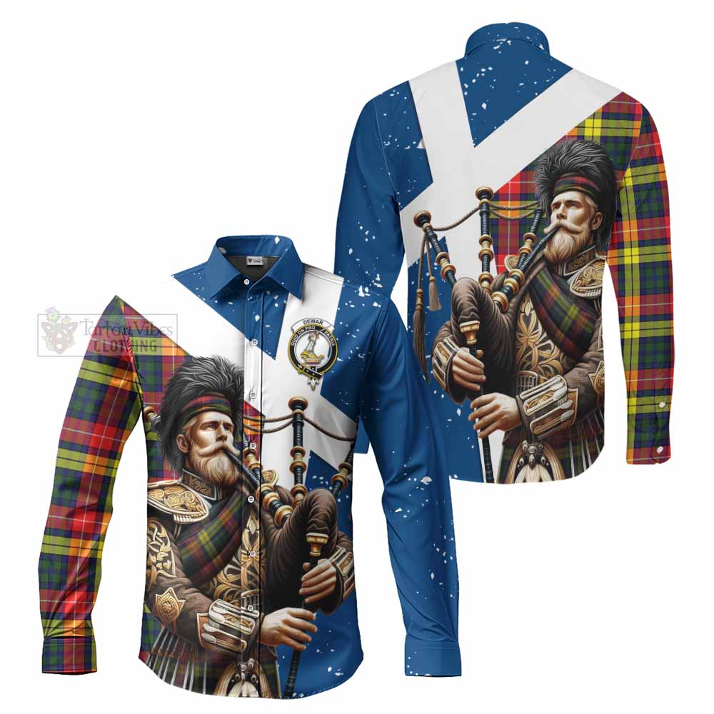 Dewar Tartan Long Sleeve Button Shirt with Family Crest Scottish Bagpiper Vibes Men's Shirt - Tartan Vibes Clothing