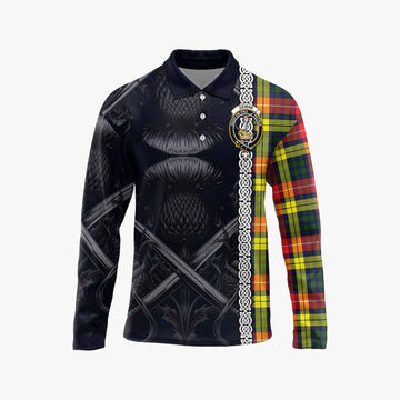 Dewar Tartan Long Sleeve Polo Shirt with Family Crest Cross Sword Thistle Celtic Vibes Unisex - Tartan Vibes Clothing