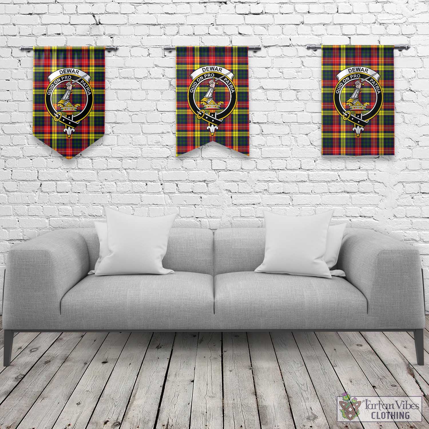 Dewar Tartan Gonfalon, Tartan Banner with Family Crest Rectangle - Tartan Vibes Clothing