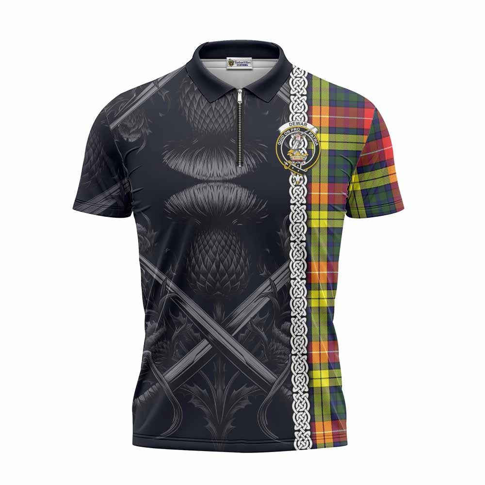 Dewar Tartan Zipper Polo Shirt with Family Crest Cross Sword Thistle Celtic Vibes Unisex - Tartan Vibes Clothing