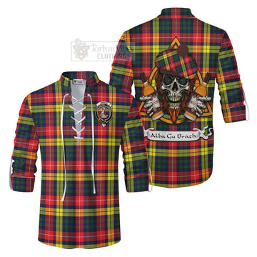 Dewar Tartan Ghillie Kilt Shirt with Family Crest and Bearded Skull Holding Bottles of Whiskey Men - Tartan Vibes Clothing