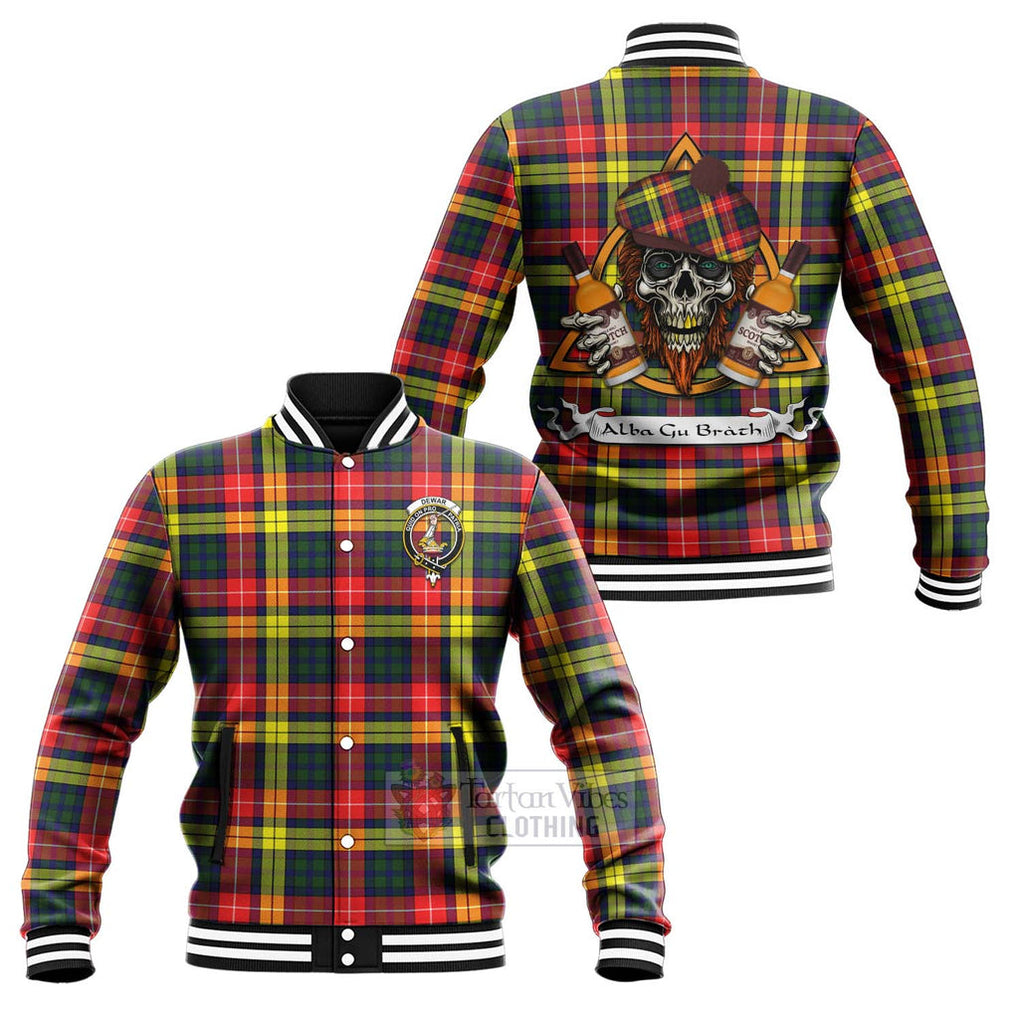 Dewar Tartan Baseball Jacket with Family Crest and Bearded Skull Holding Bottles of Whiskey Unisex - Tartan Vibes Clothing