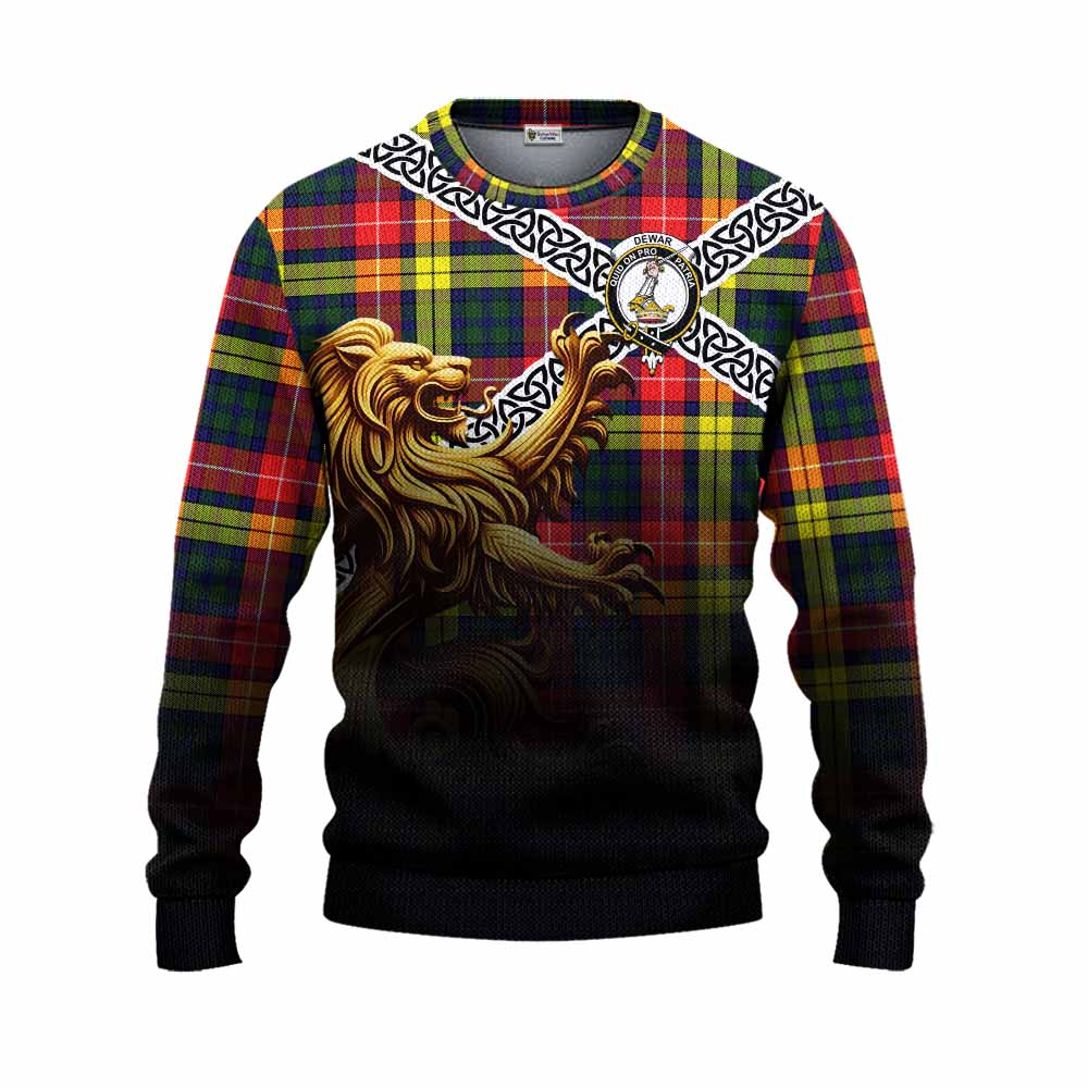 Dewar Crest Tartan Knitted Sweater with Golden Lion Emblem Celtic Style Unisex - Tartan Vibes Clothing