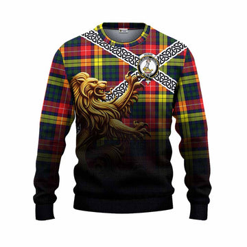 Dewar Crest Tartan Knitted Sweater with Golden Lion Emblem Celtic Style Unisex - Tartan Vibes Clothing