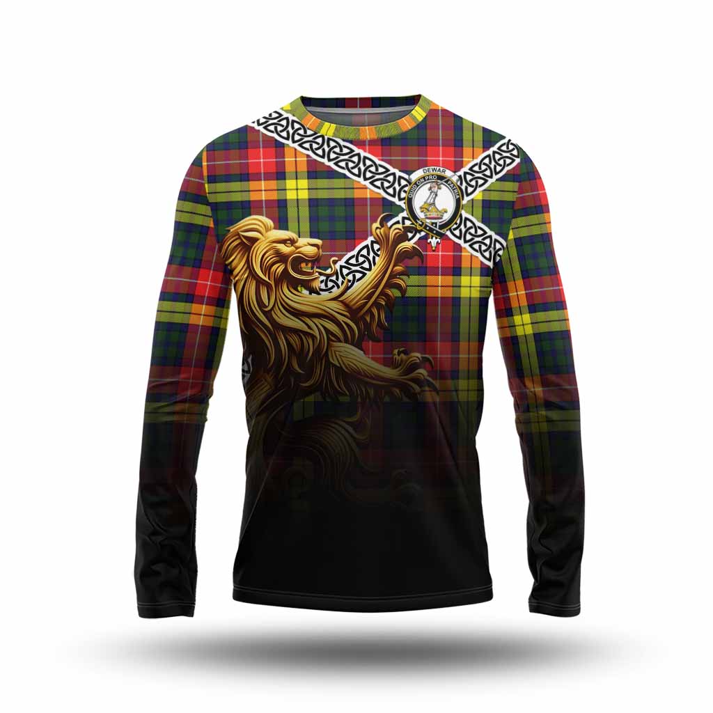 Dewar Crest Tartan Long Sleeve T-Shirt with Golden Lion Emblem Celtic Style Unisex - Tartan Vibes Clothing