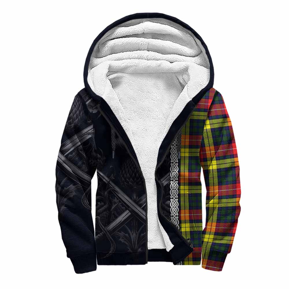 Dewar Tartan Sherpa Hoodie with Family Crest Cross Sword Thistle Celtic Vibes Unisex S - Tartan Vibes Clothing