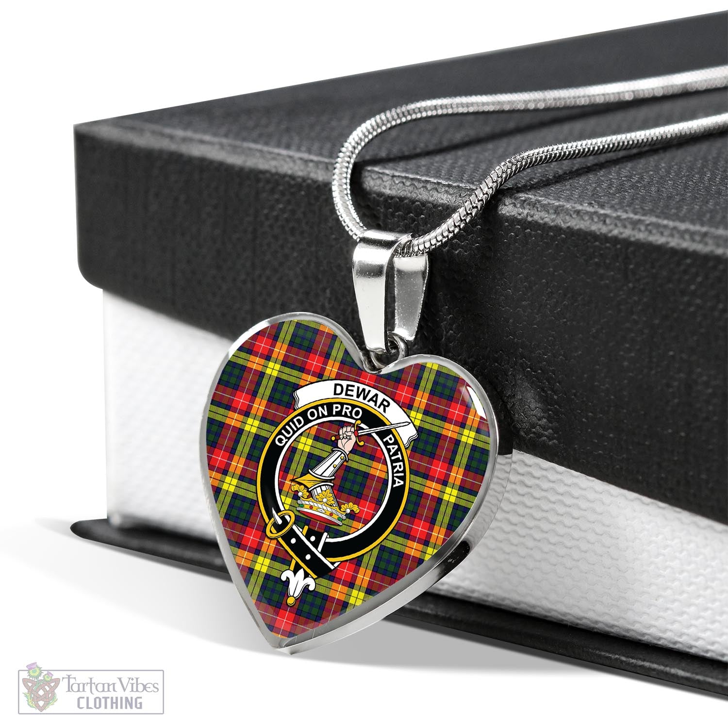 Dewar Tartan Heart Necklace with Family Crest Luxury Necklace (Silver) No - Tartan Vibes Clothing