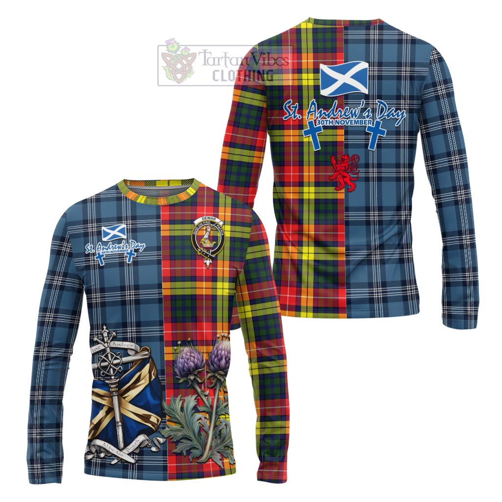 Dewar Tartan Long Sleeve T-Shirt Happy St. Andrew's Day Half Tartan Style Unisex - Tartan Vibes Clothing