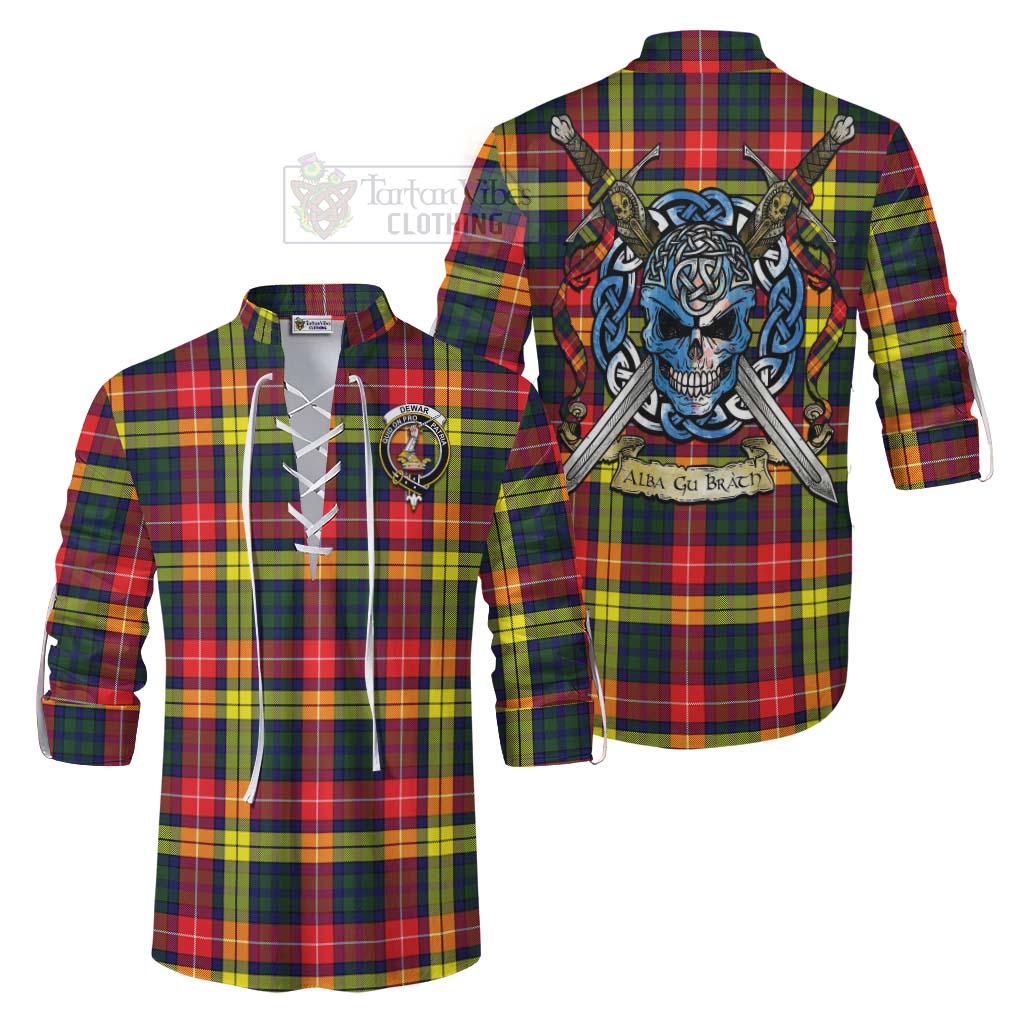 Dewar Tartan Ghillie Kilt Shirt with Family Crest Celtic Skull Style Men - Tartan Vibes Clothing