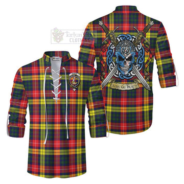 Dewar Tartan Ghillie Kilt Shirt with Family Crest Celtic Skull Style Men - Tartan Vibes Clothing