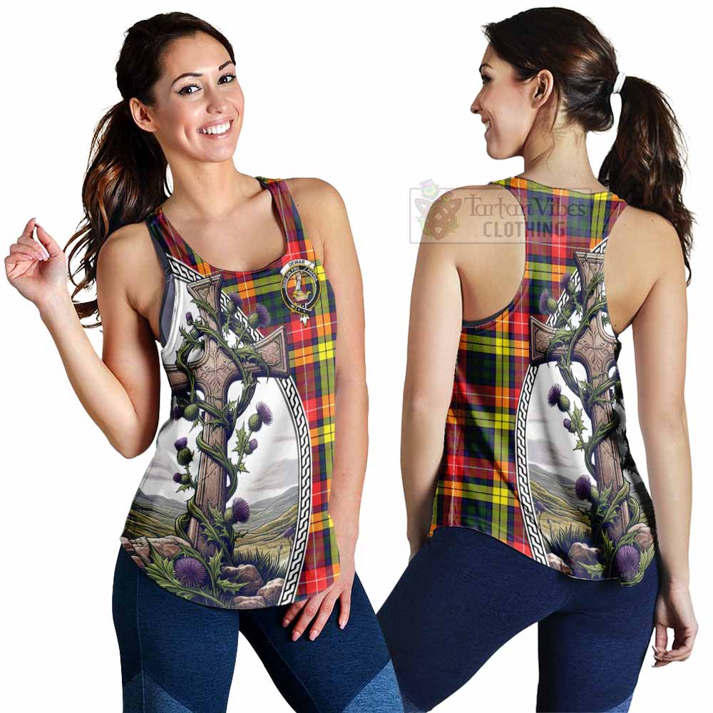 Dewar Tartan Women's Racerback Tanks with Family Crest and St. Andrew's Cross Accented by Thistle Vines 4XL - Tartan Vibes Clothing