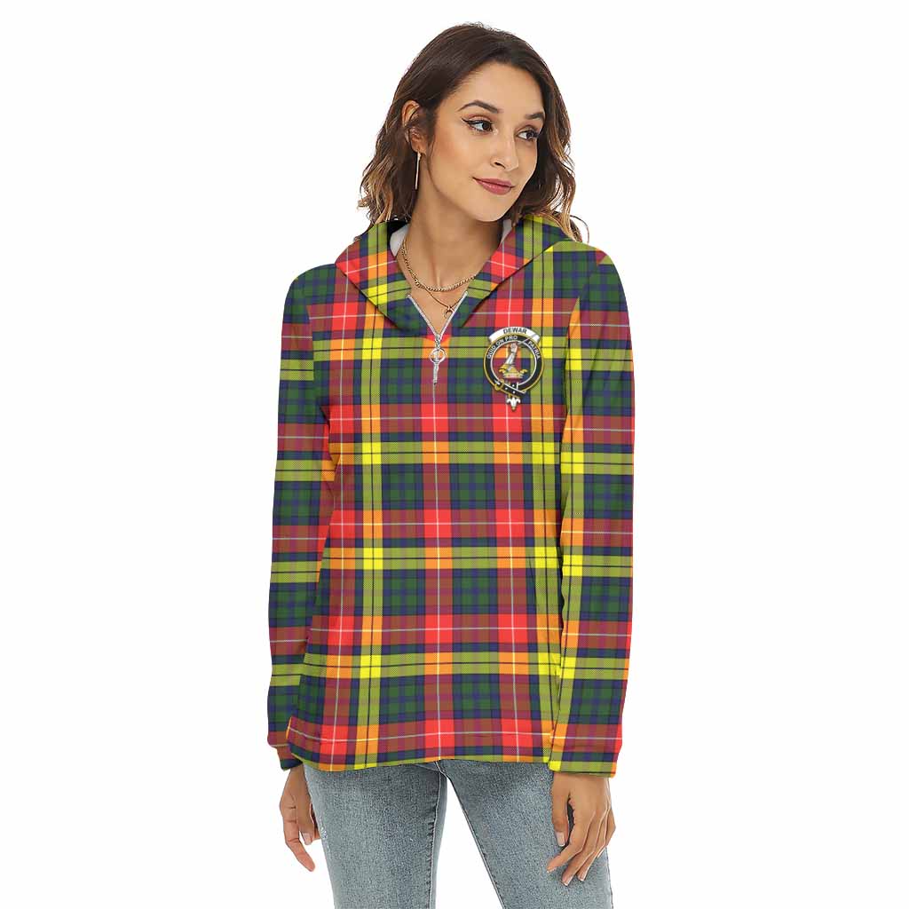Dewar Tartan Women's Borg Fleece Hoodie with Half Zip with Family Crest Female - Tartan Vibes Clothing