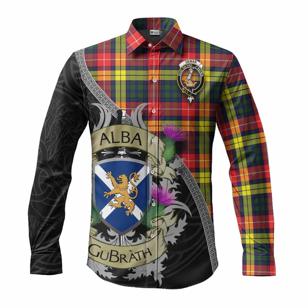 Dewar Tartan Family Crest Long Sleeve Button Shirt Lion Rampant Royal Thistle Shield Celtic Inspired Men's Shirt S - Tartan Vibes Clothing