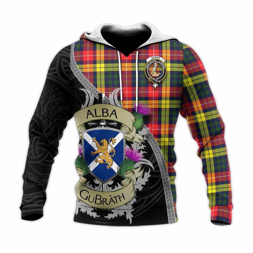 Dewar Tartan Family Crest Knitted Hoodie Lion Rampant Royal Thistle Shield Celtic Inspired Unisex Knitted Pullover Hoodie - Tartan Vibes Clothing