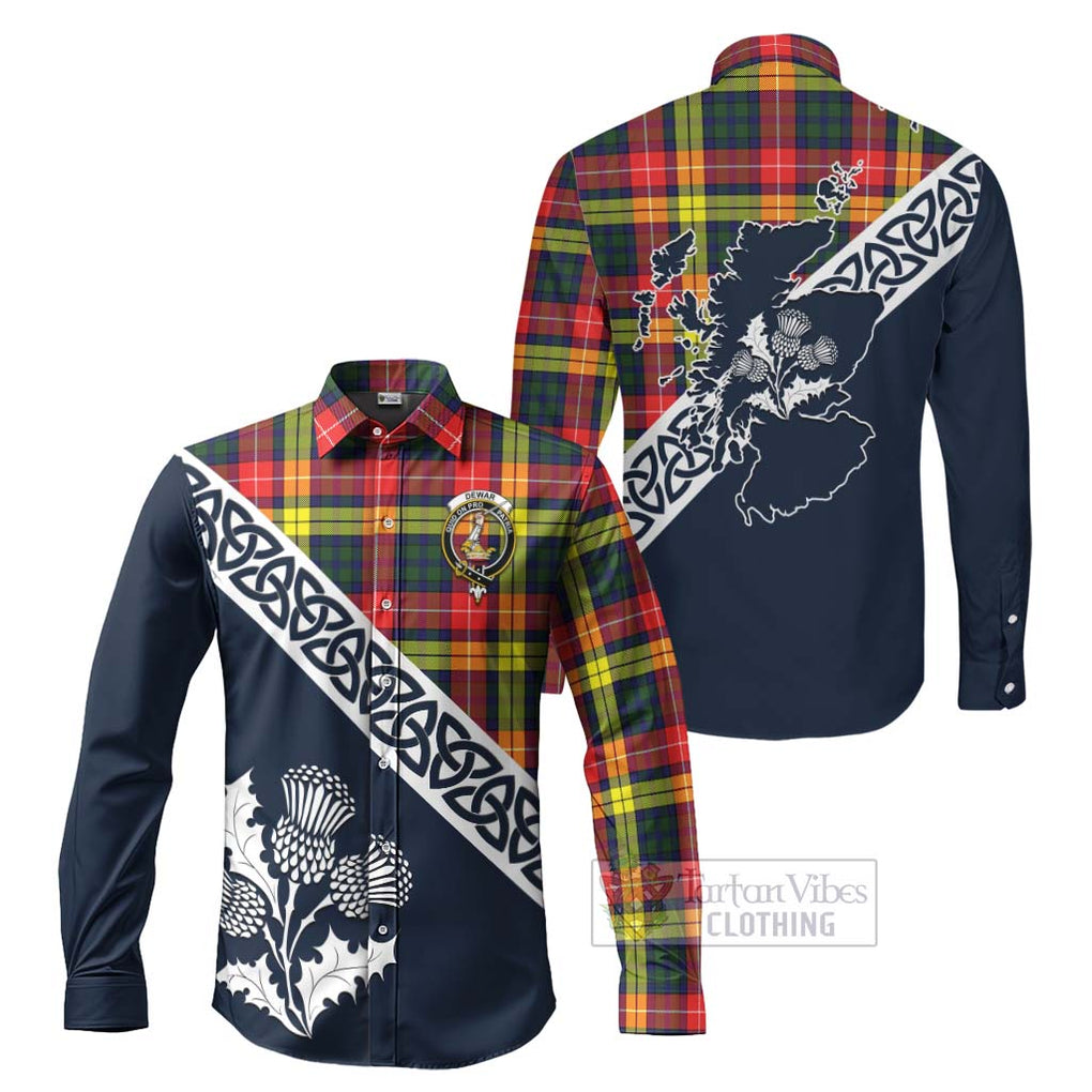 Dewar Tartan Long Sleeve Button Shirt Featuring Thistle and Scotland Map Men's Shirt S - Tartan Vibes Clothing