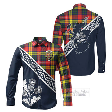 Dewar Tartan Long Sleeve Button Shirt Featuring Thistle and Scotland Map Men's Shirt S - Tartan Vibes Clothing