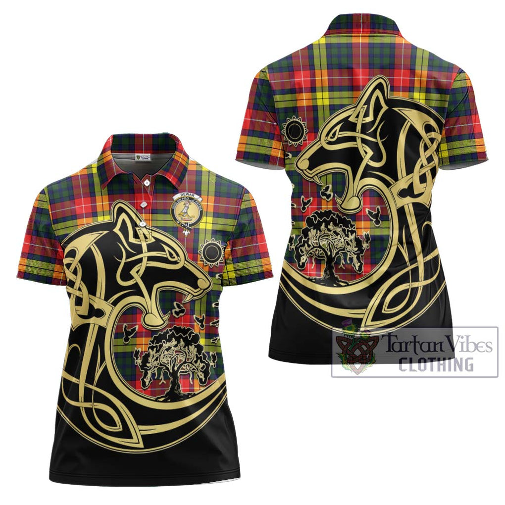 Dewar Tartan Women's Polo Shirt with Family Crest Celtic Wolf Style Women - Tartan Vibes Clothing