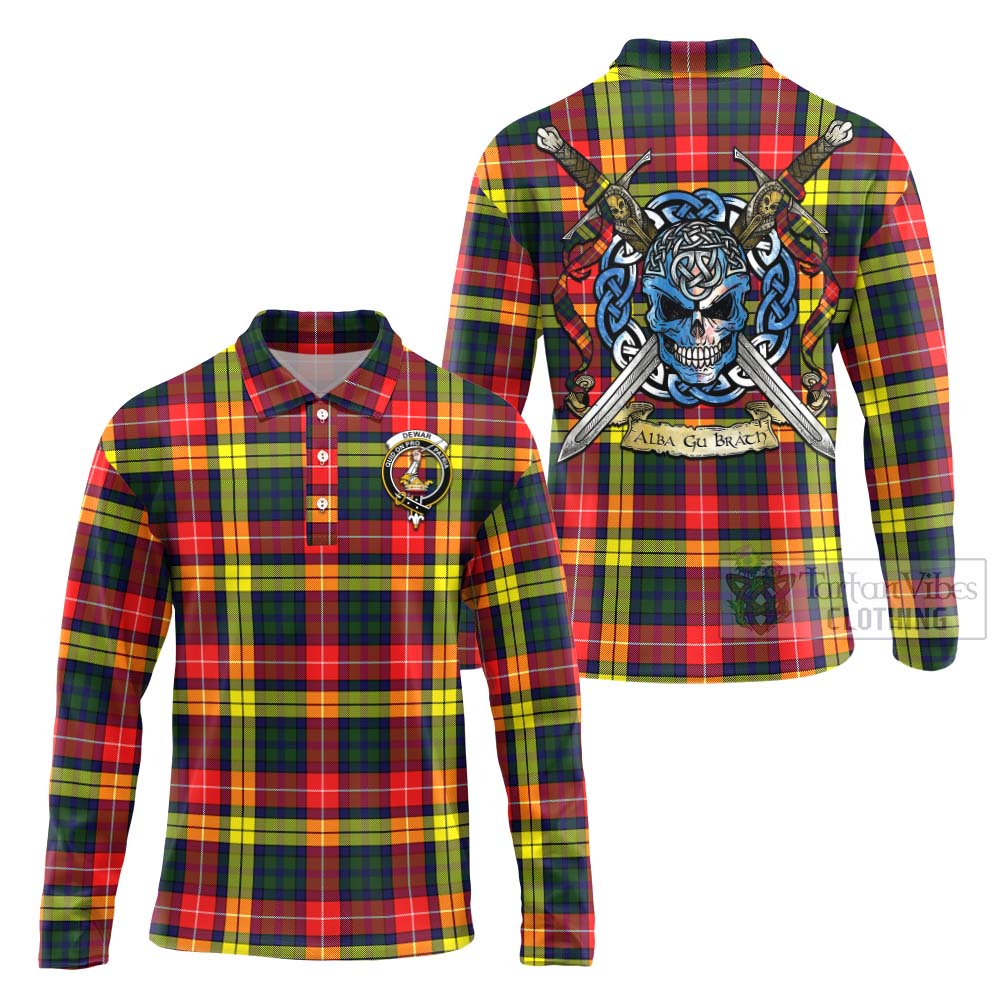 Dewar Tartan Long Sleeve Polo Shirt with Family Crest Celtic Skull Style Unisex - Tartan Vibes Clothing