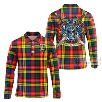 Dewar Tartan Long Sleeve Polo Shirt with Family Crest Celtic Skull Style Unisex - Tartan Vibes Clothing