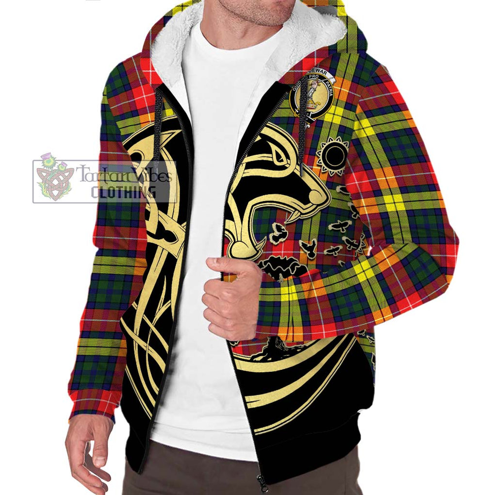 Dewar Tartan Sherpa Hoodie with Family Crest Celtic Wolf Style Unisex S - Tartan Vibes Clothing