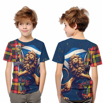 Dewar Tartan Family Crest Kid T-Shirt with Scottish Majestic Lion Youth XL Size14 - Tartan Vibes Clothing