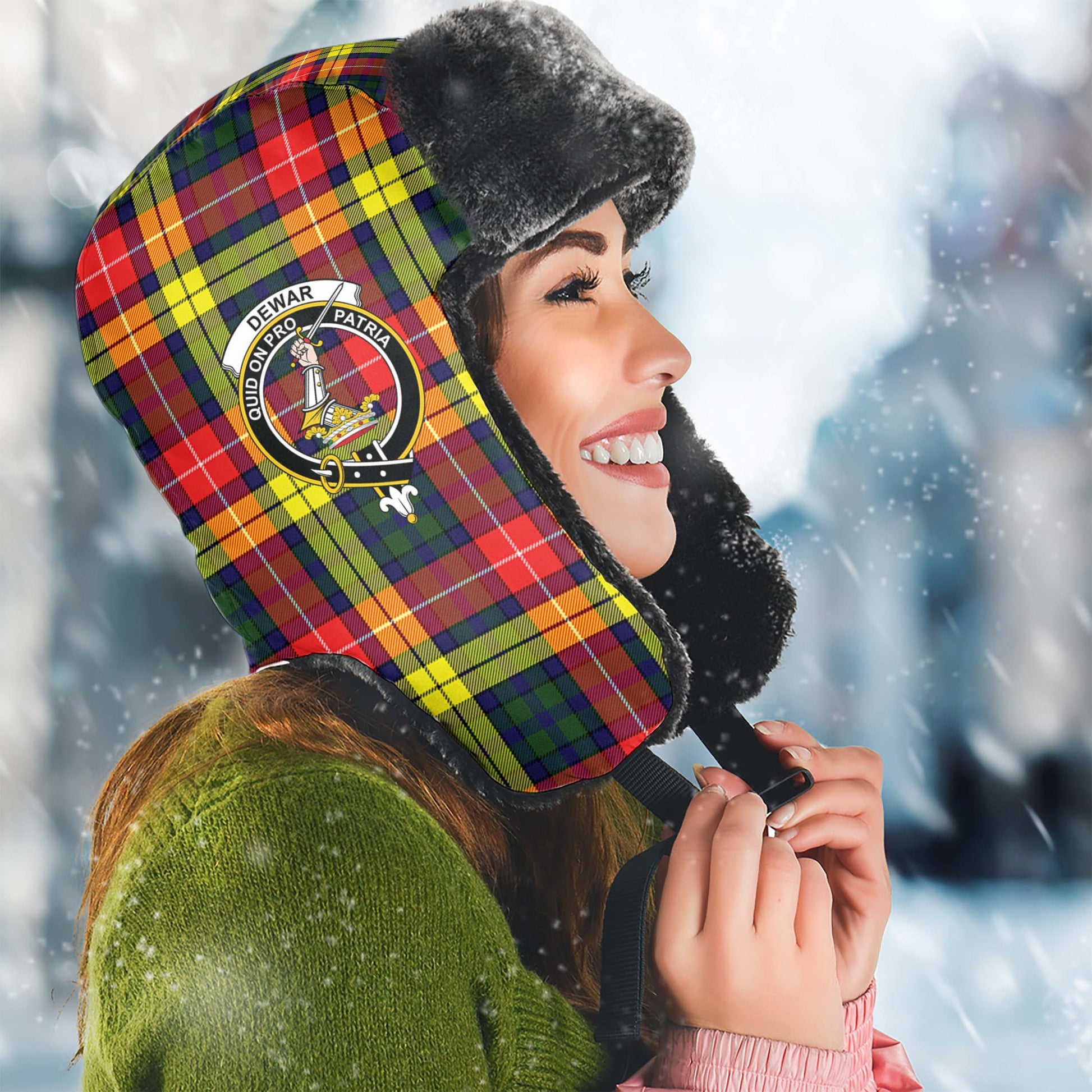 Dewar Tartan Winter Trapper Hat with Family Crest Winter Trapper Hat Universal Fit Circumference 22.8in (58cm) - Tartan Vibes Clothing