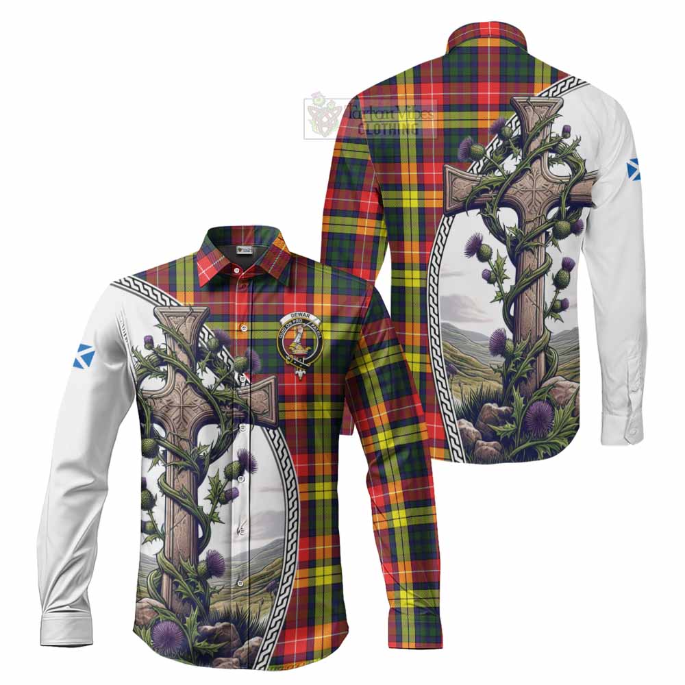 Dewar Tartan Long Sleeve Button Shirt with Family Crest and St. Andrew's Cross Accented by Thistle Vines Men's Shirt S - Tartan Vibes Clothing