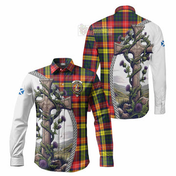 Dewar Tartan Long Sleeve Button Shirt with Family Crest and St. Andrew's Cross Accented by Thistle Vines Men's Shirt S - Tartan Vibes Clothing