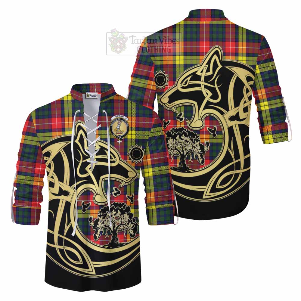 Dewar Tartan Ghillie Kilt Shirt with Family Crest Celtic Wolf Style Men - Tartan Vibes Clothing
