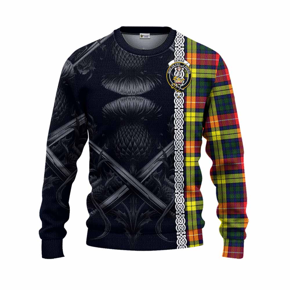 Dewar Tartan Knitted Sweater with Family Crest Cross Sword Thistle Celtic Vibes Unisex - Tartan Vibes Clothing