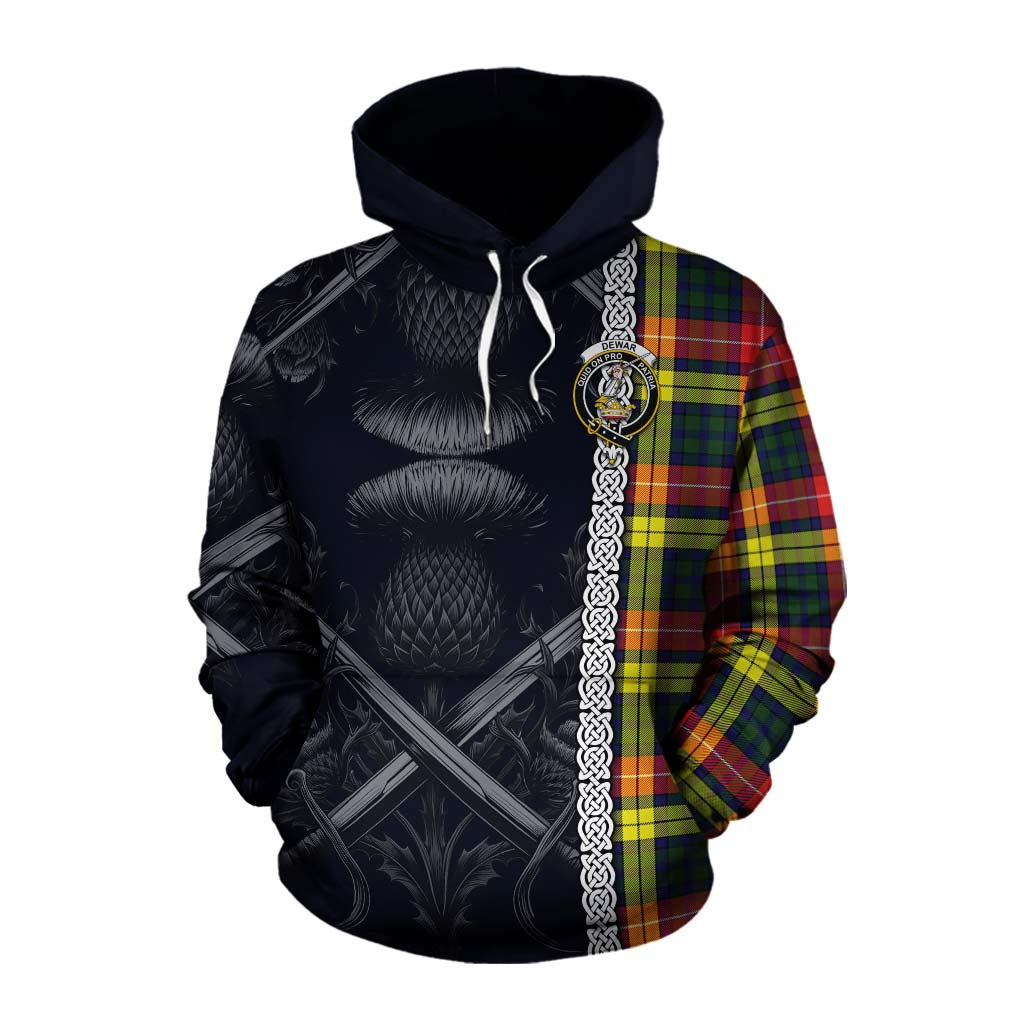 Dewar Tartan Cotton Hoodie with Family Crest Cross Sword Thistle Celtic Vibes Pullover Hoodie XS - Tartan Vibes Clothing