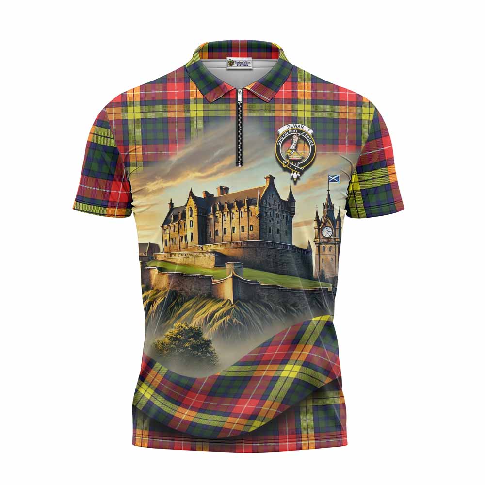 Dewar Tartan Family Crest Zipper Polo Shirt with Scottish Ancient Castle Style Unisex - Tartan Vibes Clothing